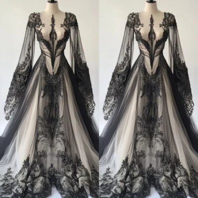 Gothic Black Wedding Dresses Long Sleeves Lace Applique Sweep Train Bridal Gowns - Image 1 of 4
