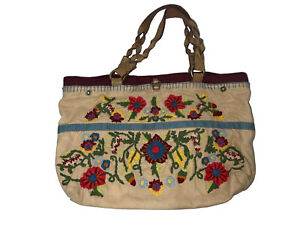 LUCKY BRAND Slouchy Embroidered Floral Leather Handle Boho hippie Purse Handbag