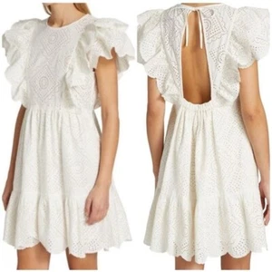 Mini abito da sposa nuovo con etichette Sea New York Vienne bordo occhiellato volant bianco taglia M - Foto 1 di 16