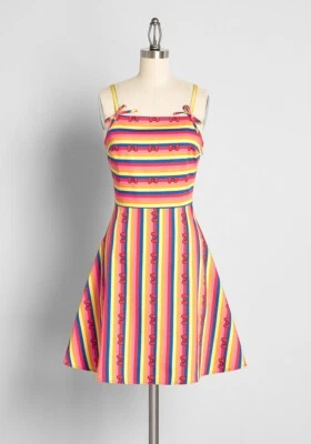 Modcloth Striped Hello Kitty Bow Print Dress Size Small Orange Yellow Pink Blue - Image 1 of 4