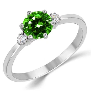 14K Solid White Gold Lab Created Emerald Three Stone Engagement Ring - Picture 1 of 4