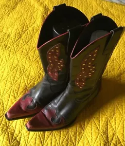 BCBG Girl COWBOY BOOTS RED Black Leather Western Bootie Cute SZ 6.5 36.5 Studded - Picture 1 of 8