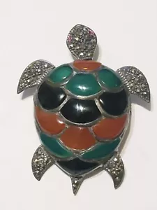 Vintage Sterling & Stone Inlay Turtle Pendant / Brooch Chrysopras Onyx Tortoise - Picture 1 of 17