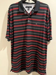 Tommy Hilfiger Mens Striped Polo Shirt Sleeves Navy Blue White Red Size XL - Picture 1 of 3