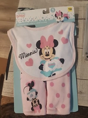 Disney Baby Minnie Mouse Paquete de 4: 2 baberos y 2 paños para eructar rosa regalo de ducha nuevo en caja Foto 1 de 2