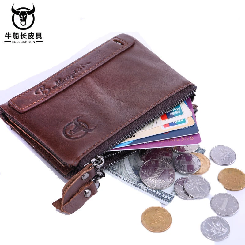 Vintage cowhide leather men's zipper wallet with ID card slot travel coin holder - Image 1 of 4