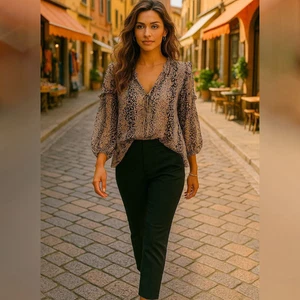 Tunica boho Maeve Anthropologie XL-P stampa animalier manica a volant macchia metallica - Foto 1 di 9