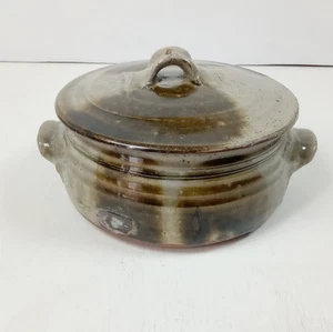 Vintage Studio Pottery Lidded Casserole Dish & Spout Rustic Brown Green Glaze - Picture 1 of 15