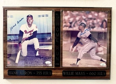 Hank Aaron & Willie Mays Signed Auto 8x10 Baseball Photo JSA Cert Custom Plaque - Image 1 of 4
