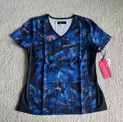 Koi Lite Scrub Top Women’s Sz Medium Blue Marbulous Pinks Marble Stretch Nursing - Image 1 of 4