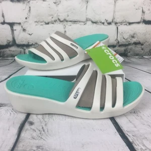 CROCS Women's Sz 11 Rhonda Wedge Platinum Oyster Island Green Slip On Sandals - Picture 1 of 14