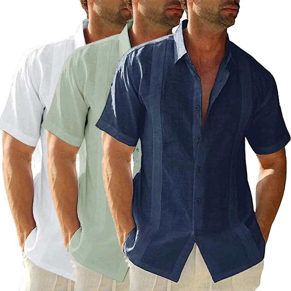 Винтажная мужская хлопковая льняная рубашка Guayabera с коротким рукавом на кубинских пуговицах - Изображение 1 из 4
