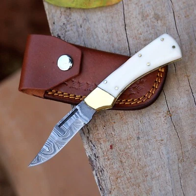 Damascus handmade Folding Pocket knife camping Skinner Hunting Knife with Pouch - Image 1 of 4