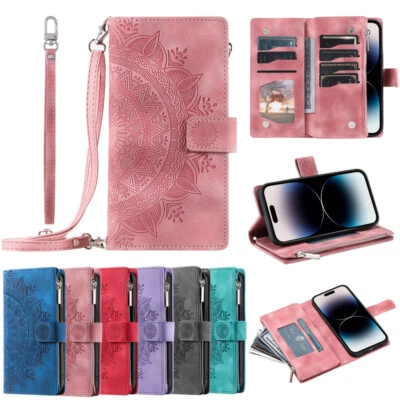 For iPhone 16e/15/14/13/12/11 Crossbody Leather Wallet Case Zip Card Flip Cover - Image 1 of 4