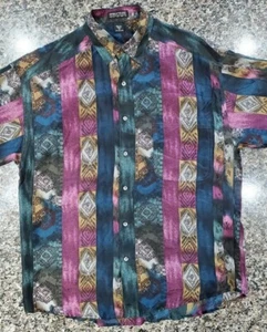 Vintage 90s Structure Silk Button Down Short Sleeve Shirt Size Medium Aztec - Picture 1 of 5