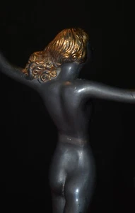 original French 1930s patinated bronze nude deco dancer figural lamp cloud shade - Picture 1 of 21