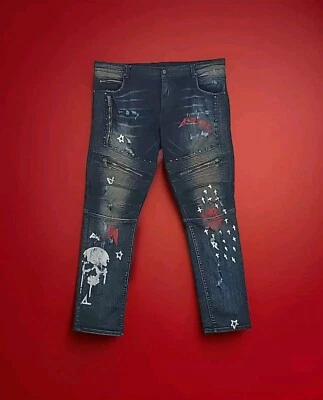 Rockstar Original Jeans Moto Biker Spikes Caveira Desgastada Pintada Botão Fly 42 - Imagem 1 de 4