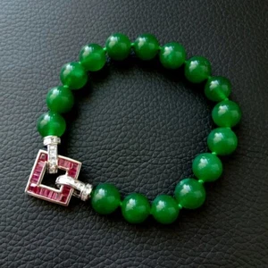 10 mm Grün Jade Armband Fuchsia Cz Pavé Verschluss Geschenk für Männer Frauen - Bild 1 von 6