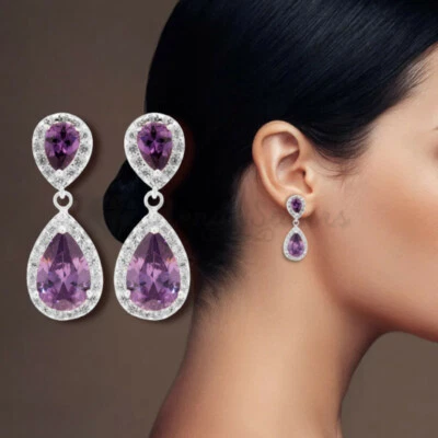 Halo Cubic Zirconia Purple Crystal Dangle Drop Teardrop Screw Back Stud Earrings - Image 1 of 4