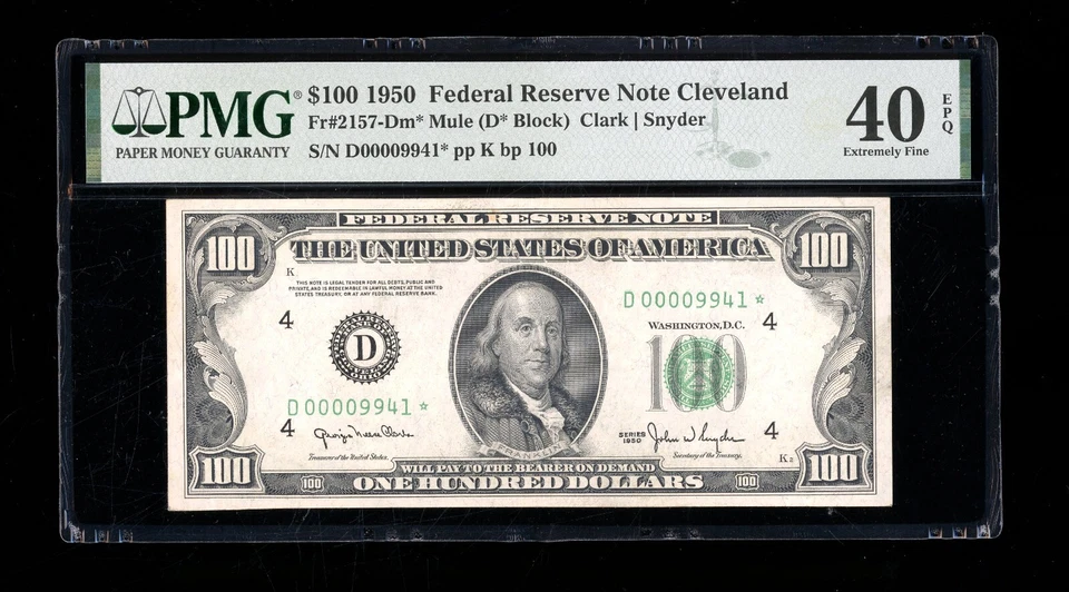 DBR 1950 $100 Cleveland Mule STAR Fr. 2157-Dm* PMG 40 EPQ Low Serial D00009941* - Image 1 of 2