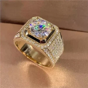 3 Ct Round-Cut Lab Created Diamond Men's Engagement Ring 14K Yellow Gold Plated - Picture 1 of 8