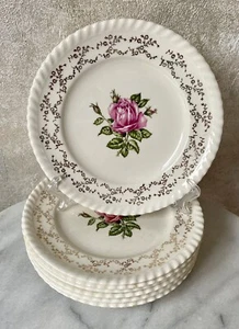 British Empire Ware Pink Roses set 7 Dessert Bread Plates, goldplated England - Picture 1 of 8