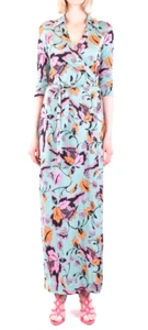 Multicolor Long Dress V-neck, 3/4 sleeves, waist tie fastening, floral print all - Picture 1 of 4