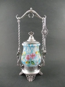 Antique Pickle Castor w/DOLPHINS - BLUE Spatter Glass Jar - James W. TUFTS #3616 - Picture 1 of 12