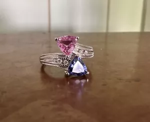 Pink Sapphire And Tanzanite 18k White Gold Crossover Ring With Diamond Shoulders - Picture 1 of 7