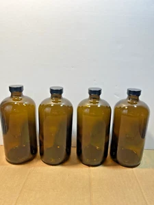 4 Pack - 32oz (950mL) Boston Round Amber Glass Bottle, PE ConeCap - Picture 1 of 4