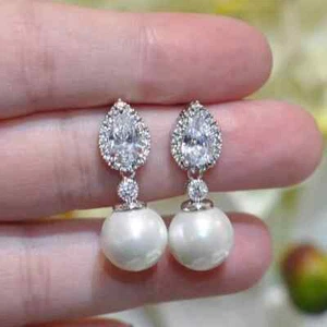 3.0Ct Round Cut Natural Pearl Women's Dangle/Drop earrings 14K White Gold Plated - Picture 1 of 8