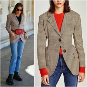 ZARA WOMAN CAMEL DOGTOOTH CHECK PRINT JACKET WITH DARTS SIZE S - Picture 1 of 14