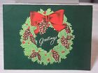 Vintage Christmas Card 1940s 1950s Wreath Holly Berry Ribbon Pine Cone MCM Art