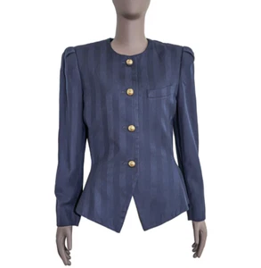 Vintage Kasper 80s Navy Blue Stripe Button Down Blazer Jacket Office Top Size 8 - Picture 1 of 4