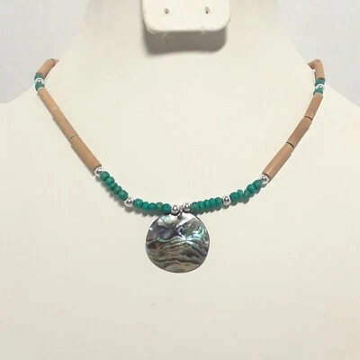 Подлинный абалона раковина подвеска деревянное ожерелье 16», новый! Boho Beach сине-зеленый - Изображение 1 из 4