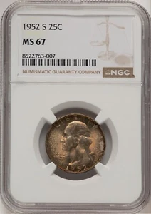 1952-S Washington Quarter, NGC MS-67 ** schöne Farben, harte Münze! - Bild 1 von 2