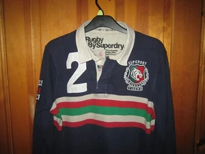 Superdry Rare Navy Leicester Tigers Striped Rugby Shirt Adult Size L - RRP £100 - Picture 1 of 12