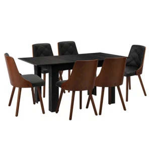 160cm Extendable Dining Table with 6PCS Dining Chairs PU Leather Black - Picture 1 of 7