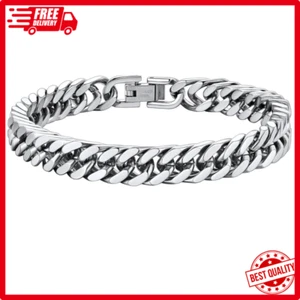 Stainless Steel Cuban Link Bracelet Curb Chain Fold Over7.5 inch Men Women Gift - Picture 1 of 9