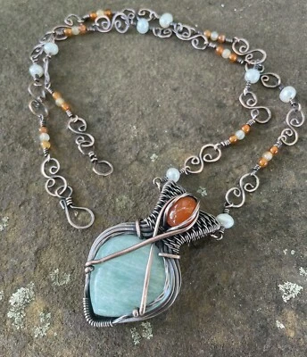 Precioso collar hecho a mano de amazonita y cornalina con perlas Foto 1 de 4