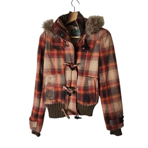JACK by BB DAKOTA Red Orange Brown Plaid Faux Fur Hood Jacket Coat SZ S - Picture 1 of 10
