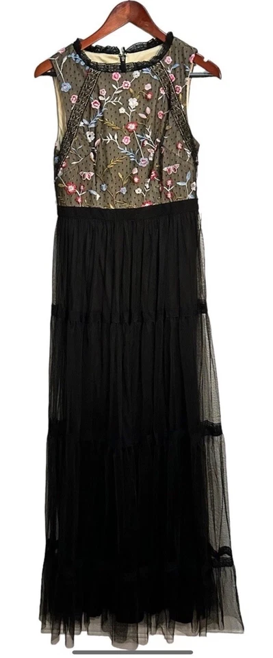 Vestido Adrianna Papell Negro Bordado con Flores Sin Mangas Talla 8 Foto 1 de 1