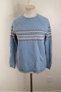 L.L. Bean 100% Cashmere Crewneck Fair Isle Sweater Womens Medium Blue Birdseye - Picture 1 of 5