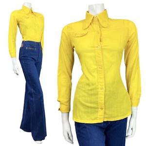 VINTAGE 60s 70s DAFFODIL YELLOW MOD BUTTON-UP SPOON COLLAR SHIRT 8 10 - Picture 1 of 7