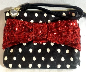 Besty Johnson Handbags Red Sequin Bow Black Polka Dot Wristlet Zipper Pouch - Picture 1 of 13