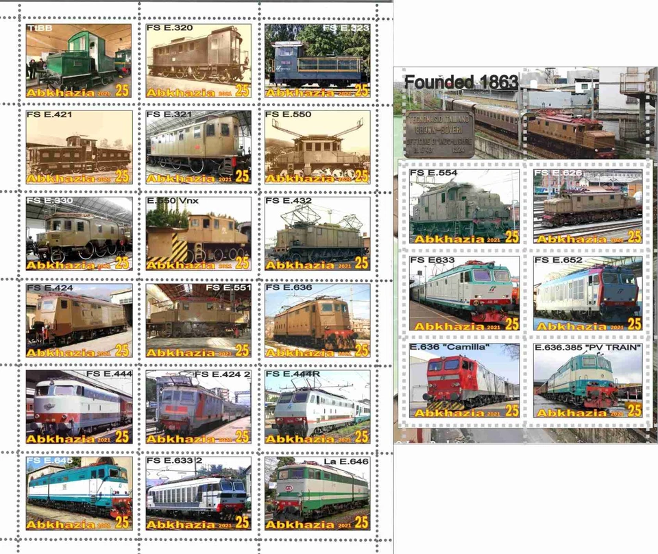 Stamp sheet+block Complete Technomachio Locomotives Trains Abkhazia issue 2021 - Image 1 of 1