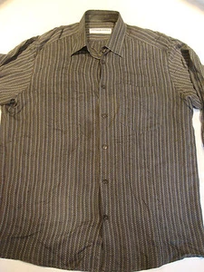 Camicia elegante uomo Jhane Barnes geometrica a righe L grande con bottoni marrone grigio - Foto 1 di 7