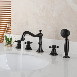 Black Oil Rubbed Brass Bathtub Faucet 5-Hole Roman Tub Faucet with Hand Shower - Picture 1 of 8