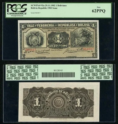 1902 Banknote from Bolivia One or Un Boliviano Jungle Foliage P92a New 62PPQ - Image 1 of 3