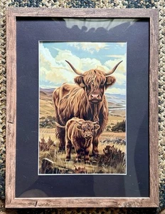 Rustic Vintage, Highland Cow And Calf, Framed,Matted, Metal Wall Print, 12x16 - Picture 1 of 3